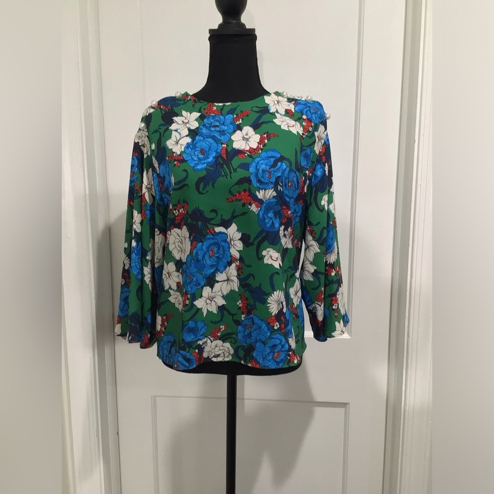 Floral print green, blue, and white long sleeve shirt